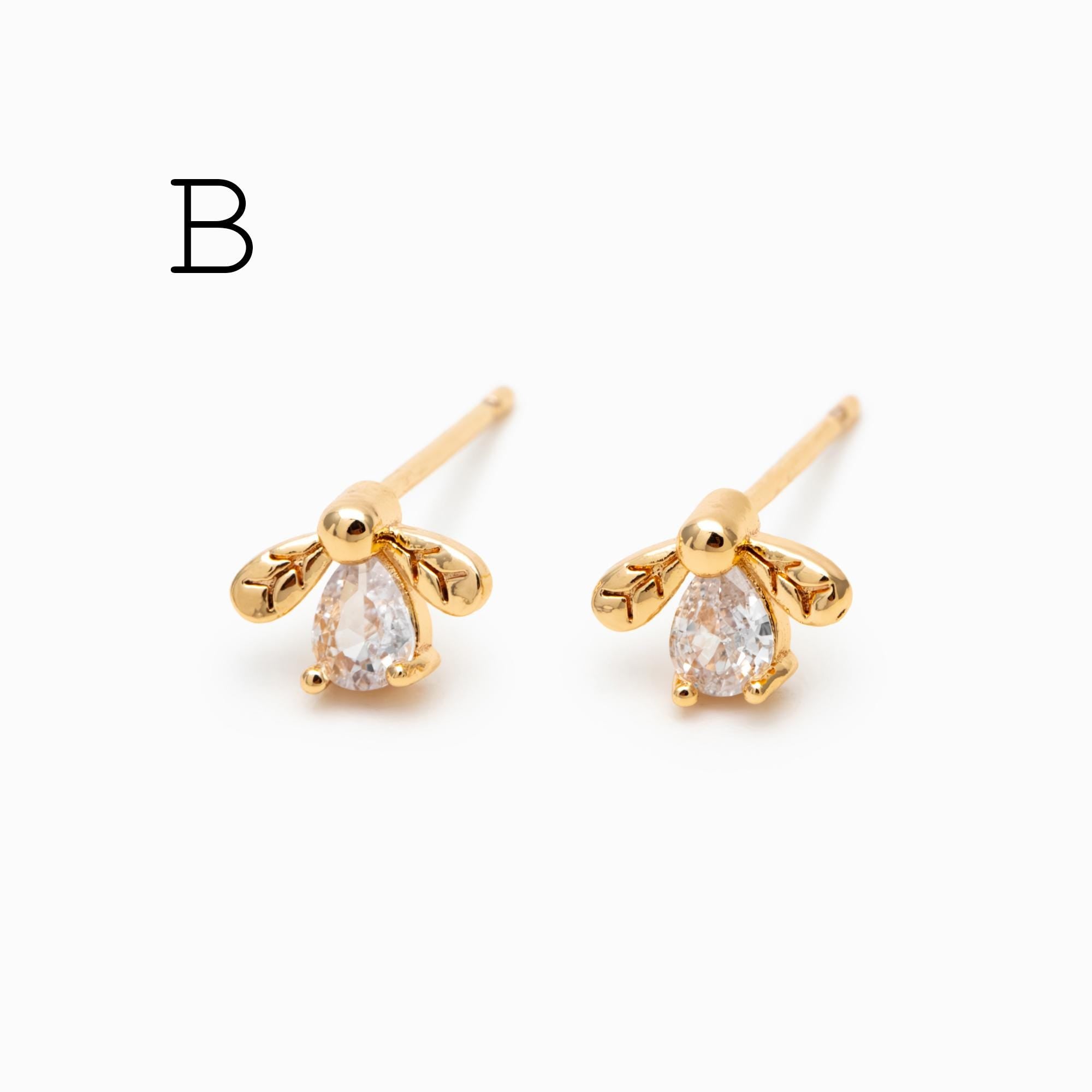 10pcs CZ Pave Gold Flower Bee Honeycomb Earrings, Gold Plated Brass, Dainty Flower Stud Earrings (GB-3896)